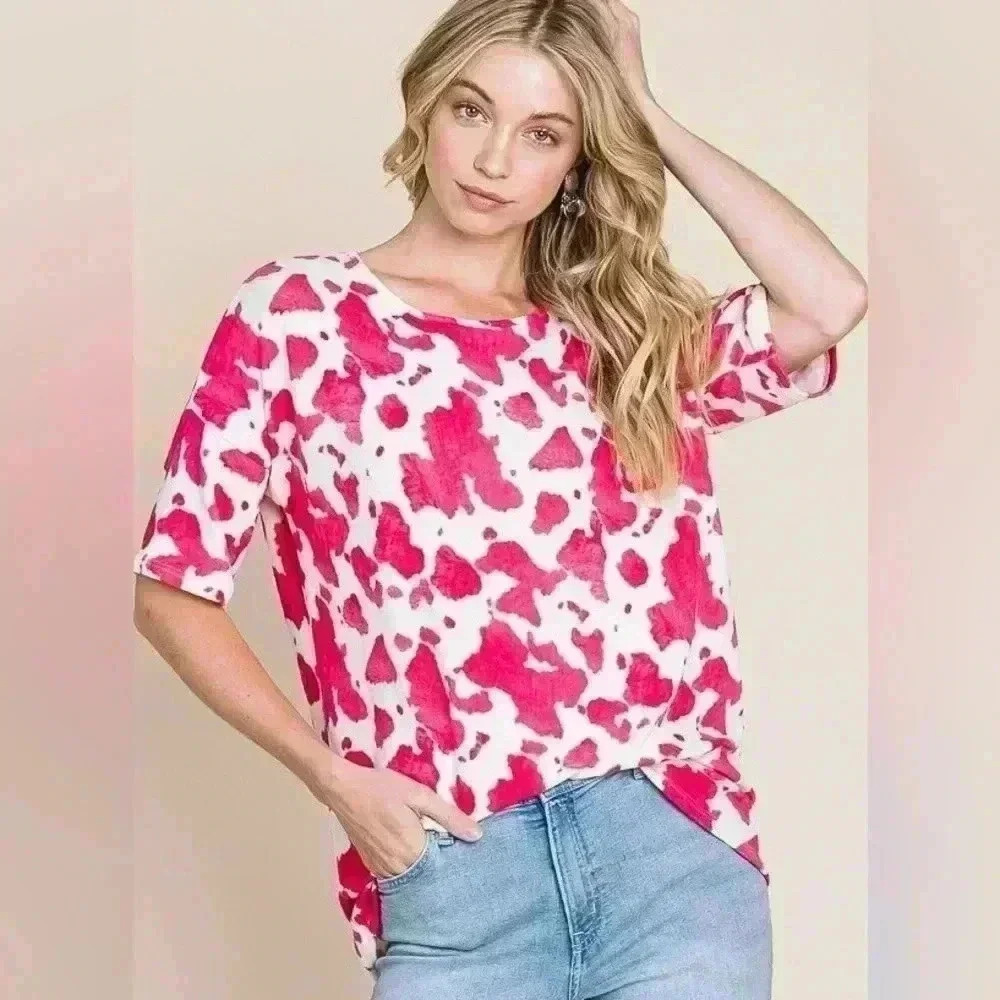 NWOT BOMBOM Animal Print Pink and White Loose Knit Tee | size XLarge